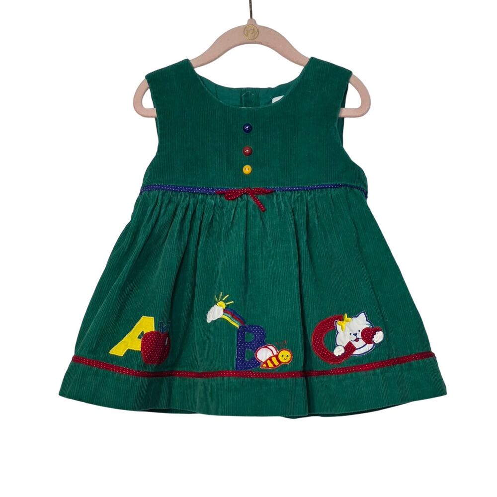 Vintage Girl's Green Corduroy‎ Jumper Dress ABC Back to School 4t